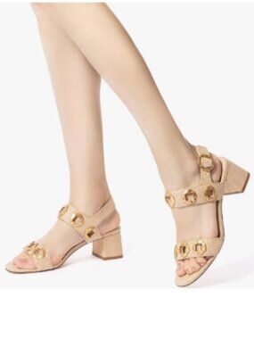 YDN Gold Open Toe Sandals Chunky Block Dressy Low Heels with Buckle Shoe